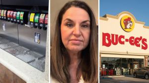 Soda station (l) woman shares Buc-ee's observation (c) Buc-ee's storefront (r)