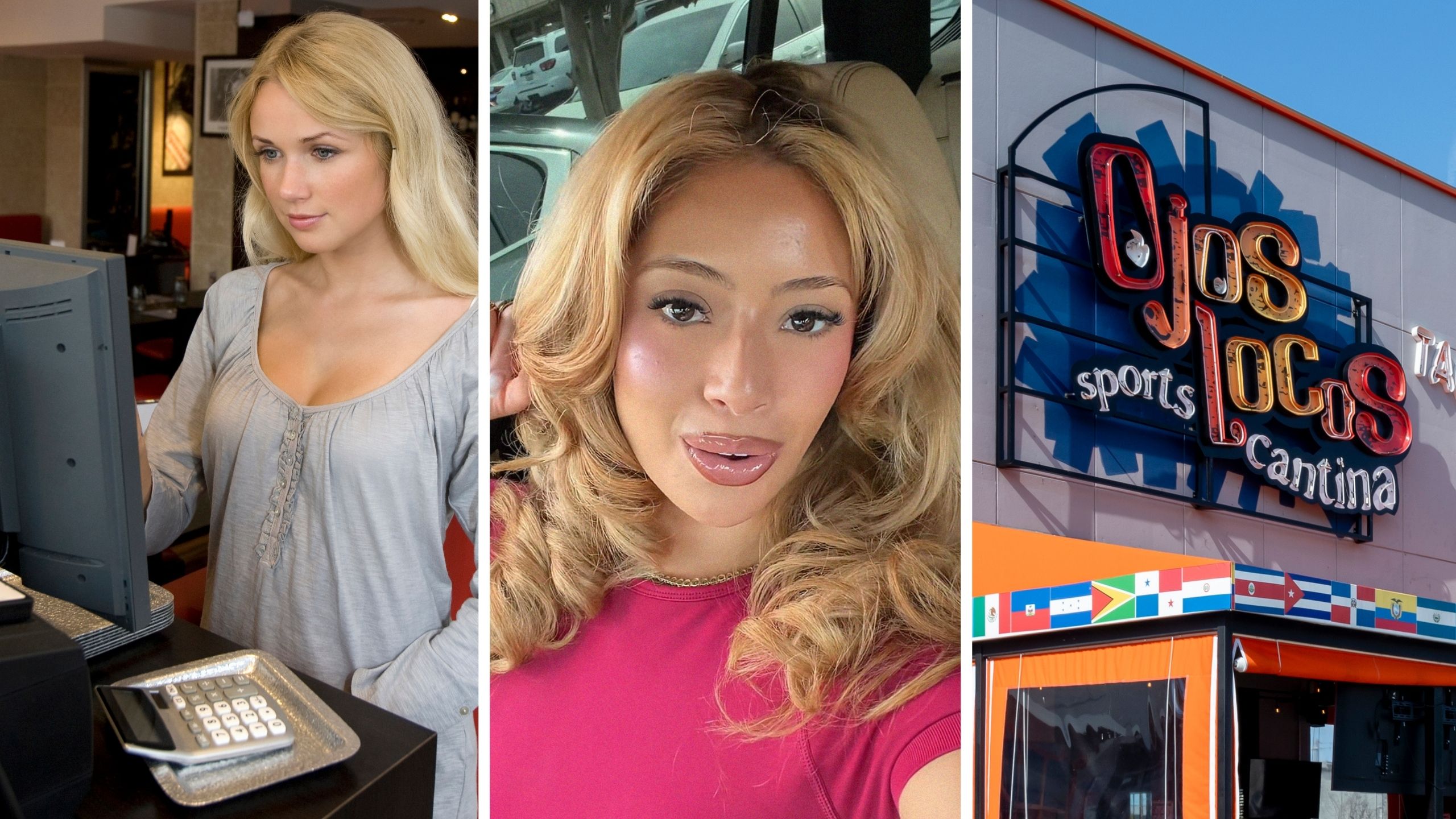 restaurant hostess (l) woman shares Ojos Locos experience (c) Ojos Locos entrance (r)