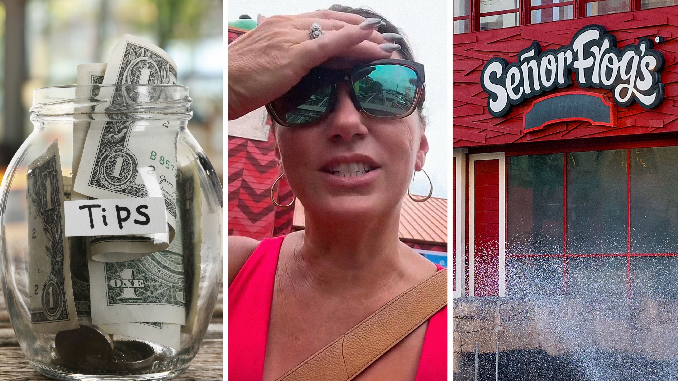 tip jar (l) woman shares Señor Frog's experience (c) Señor Frog's entrance (r)