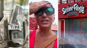 tip jar (l) woman shares Señor Frog's experience (c) Señor Frog's entrance (r)
