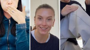 woman burping (l) woman shares a tiktok trick (c) woman massaging her leg (r)