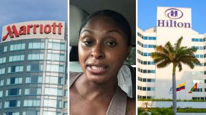 Marriott hotel (l) woman shares hotel tips (c) Hilton hotel (r)