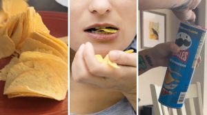 Pringles chips (l) woman eating pringles (c) can of Pringles (r)