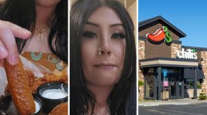triple dipper meal (l) woman shares Chili's experience (c) Chili's entrance (r)