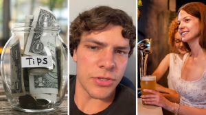 tip jar (l) man warns bar drinkers (c) woman having a beer at the bar (r)