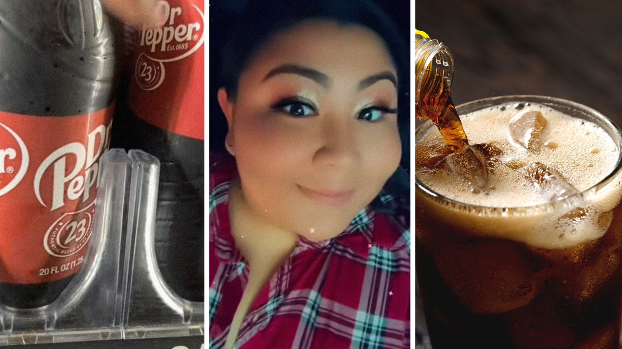 Dr. Pepper bottles (l) woman shares her soda opinion (c) Soda in a glass (r)