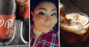 Dr. Pepper bottles (l) woman shares her soda opinion (c) Soda in a glass (r)