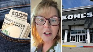 bank notes (l) woman shares Kohl's issue (c) Kohl's storefront (r)