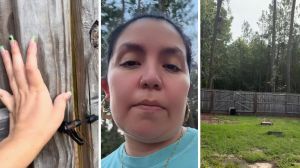 woman opening gate (l) woman shares land issue (c) land filled with tall trees (r)
