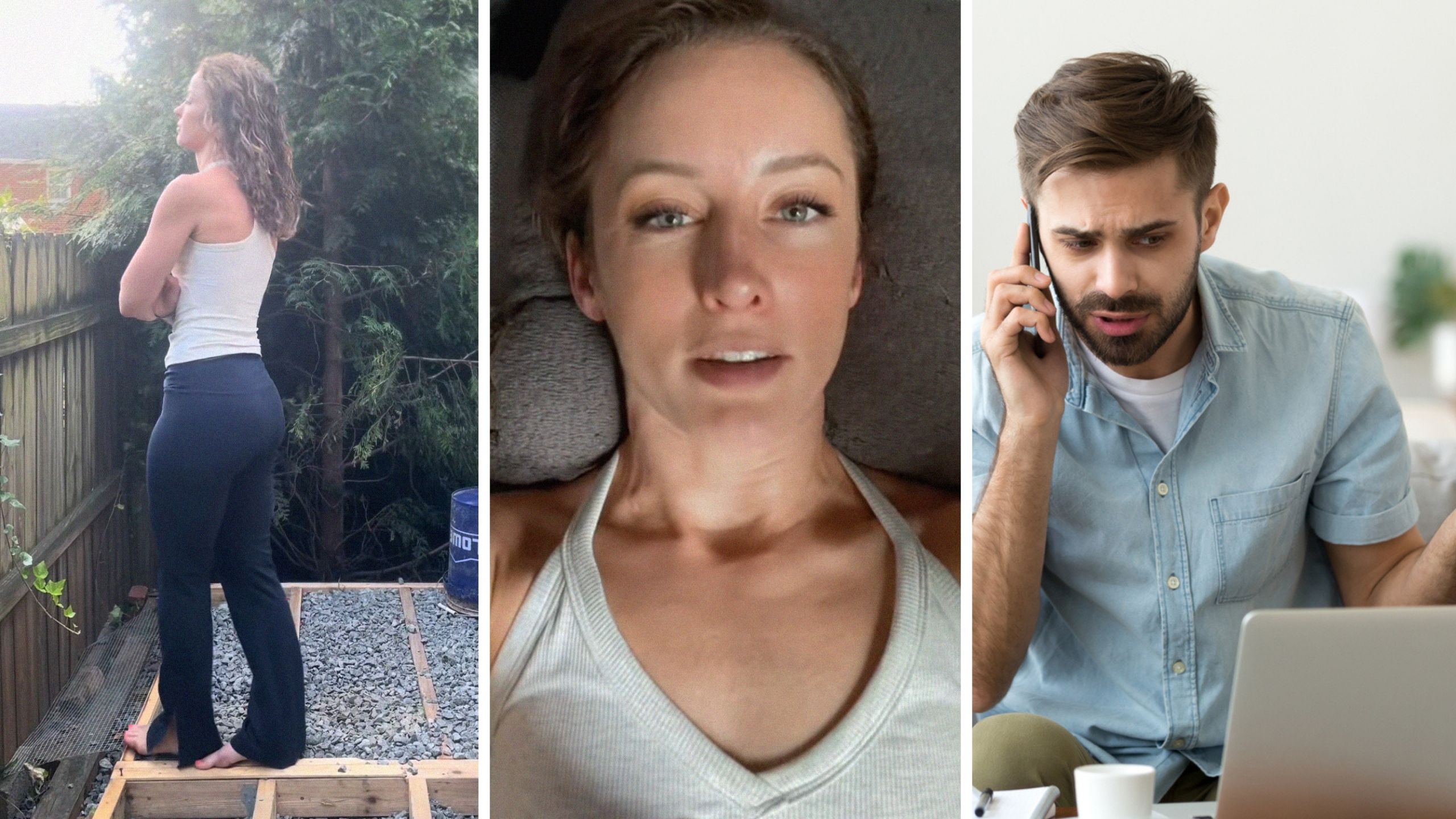 woman looking over at the neighbors yard (l) woman shares neighbor issues (c) angry neighbor placing complaints (r)