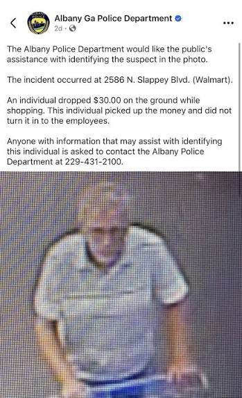Facebook post by Georgia police department about man who picked up $30 at a Walmart