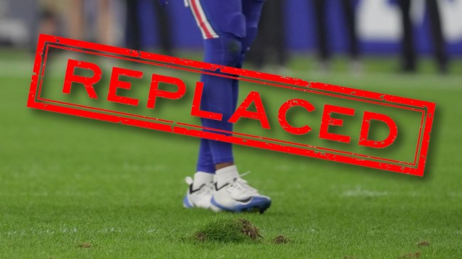 Repalced stamp over clump of grass at Highmark Stadium during Bills game