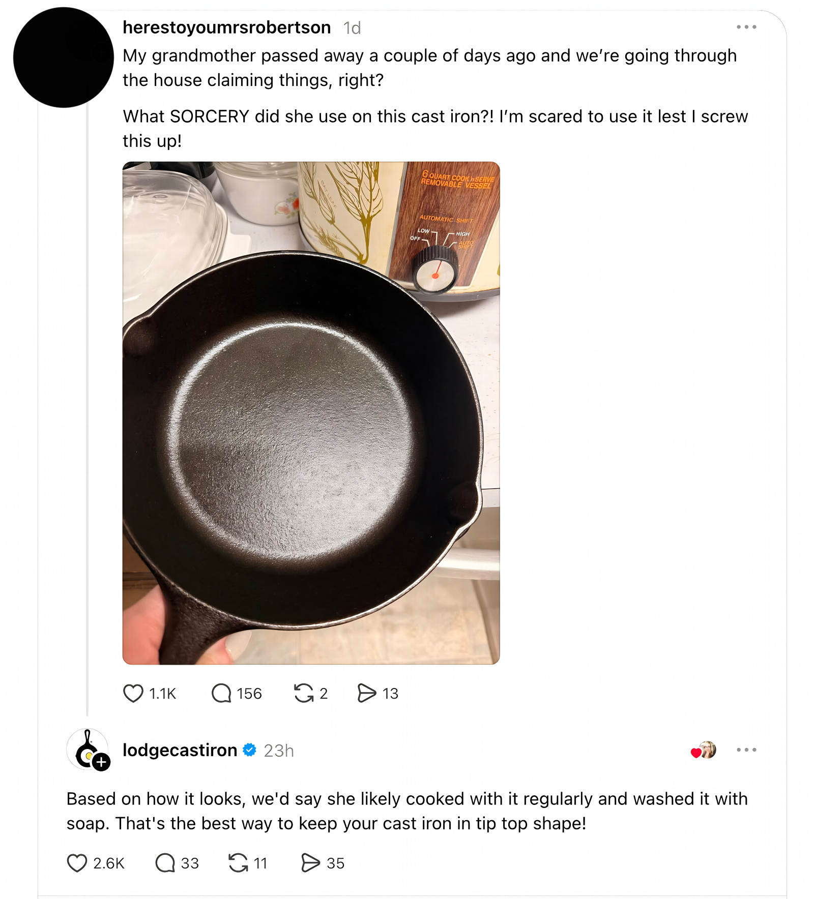 Lodge Cast Iron explaining it is safe and good to use soap to clean a Cast Iron Skillet