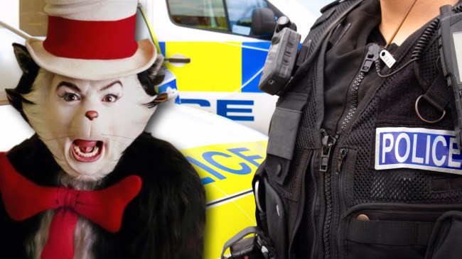 Mike Myers as Cat in the Hat next to police car and officer
