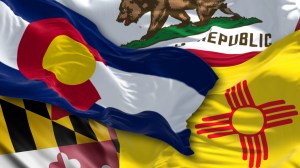 Colorado, California, Maryland, and New Mexico state flags