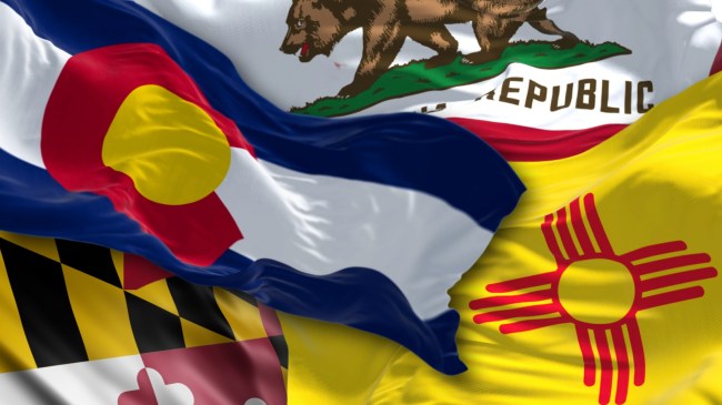 Colorado, California, Maryland, and New Mexico state flags