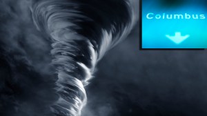 image of a large tornado near a Columbus, Ohio road sign