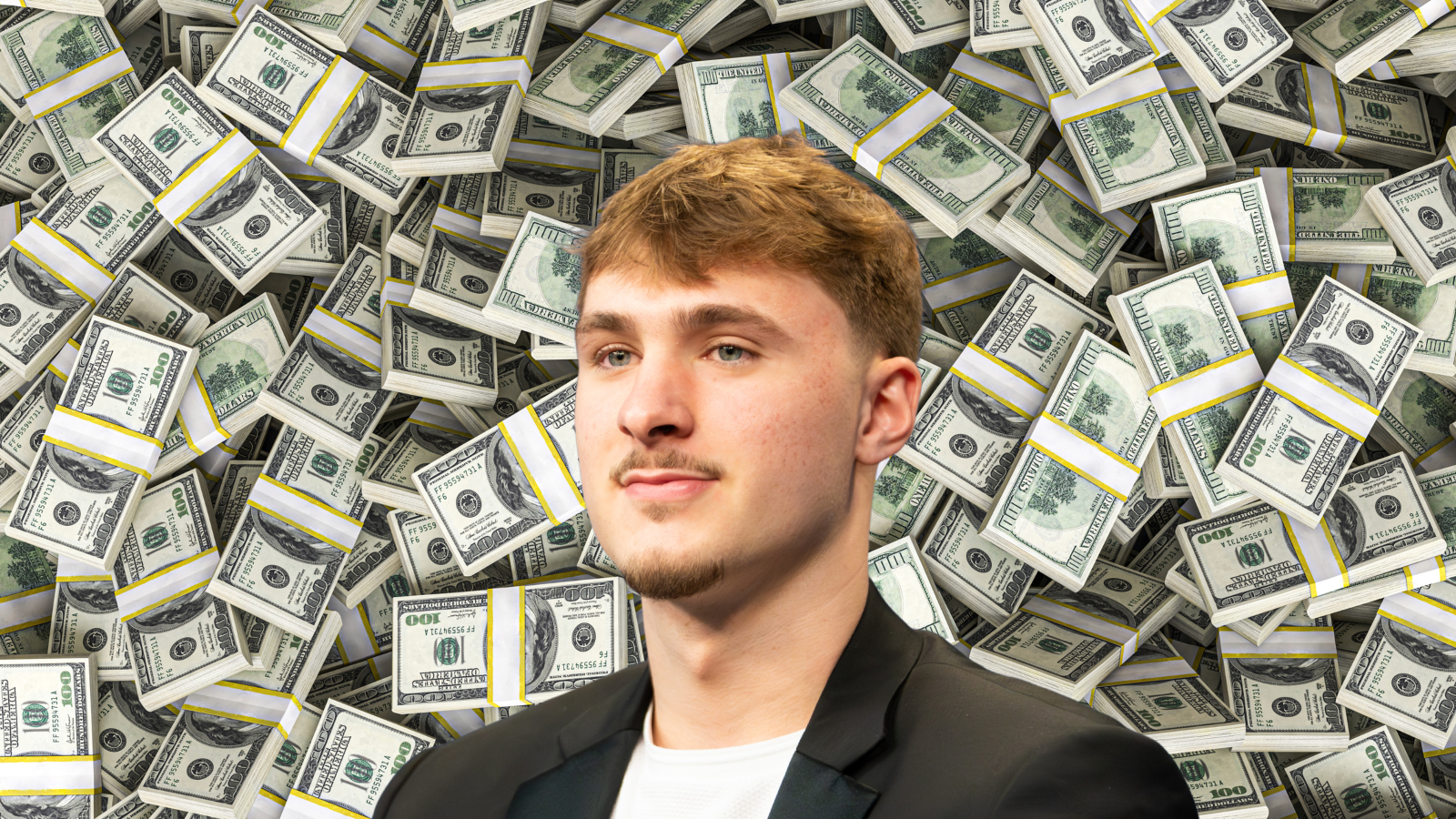 Dallas Mavericks star Cooper Flagg over a background of money