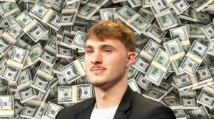 Dallas Mavericks star Cooper Flagg over a background of money