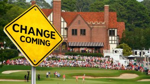 Change is Coming sign in front of the East Lake Golf Club sign in Atlanta, Georgia at the PGA TOUR Championship