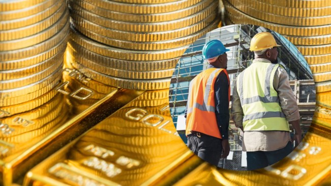 Gold bars and coins next to construction workers