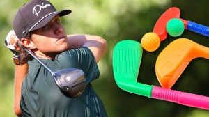 Golf YouTuber Grant Horvat next to to toy plastic golf clubs for kids