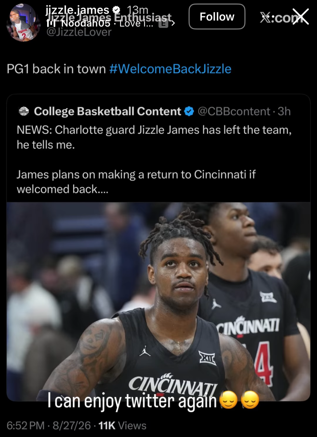 Jizzle James Cincinnati Charlotte Basketball