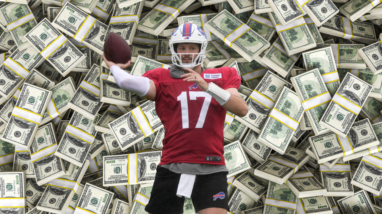 Buffalo Bills quarterback Josh Allen on a background of money