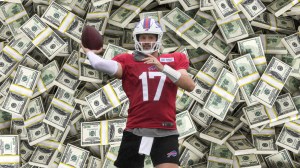 Buffalo Bills quarterback Josh Allen on a background of money