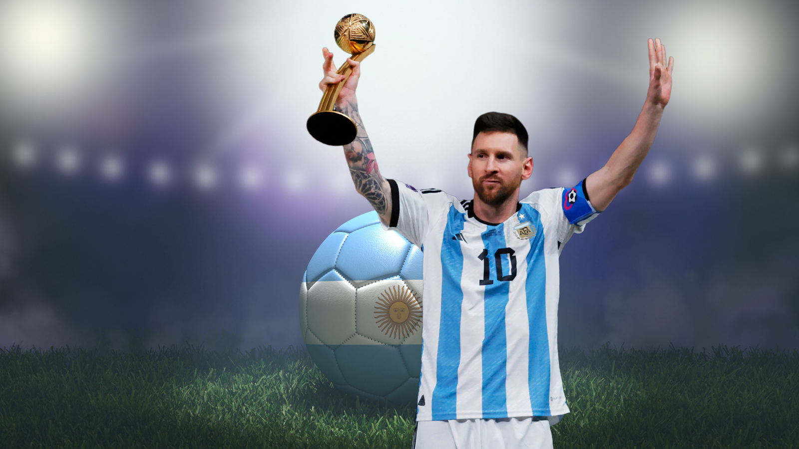 Argentinian National Team superstar Lionel Messi holding up the World Cup trophy