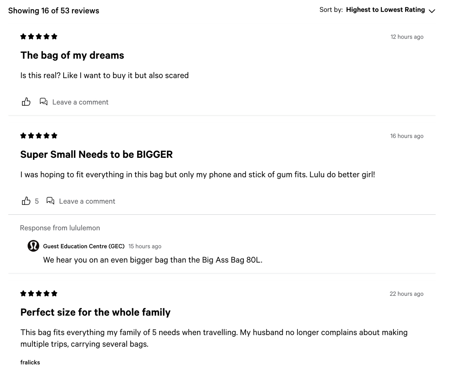 hilarious reviews of the new lululemon 80L bag that has gone viral