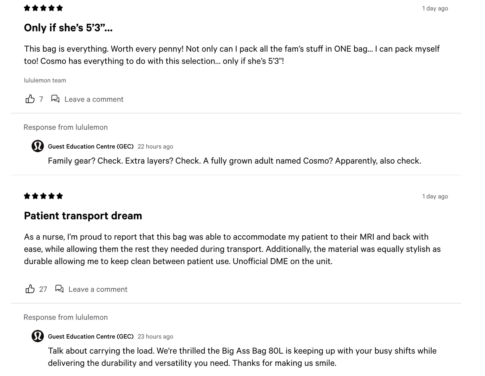hilarious reviews of the new lululemon 80L bag that has gone viral