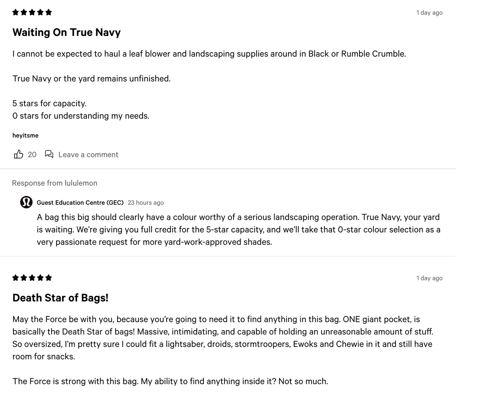 hilarious reviews of the new lululemon 80L bag that has gone viral