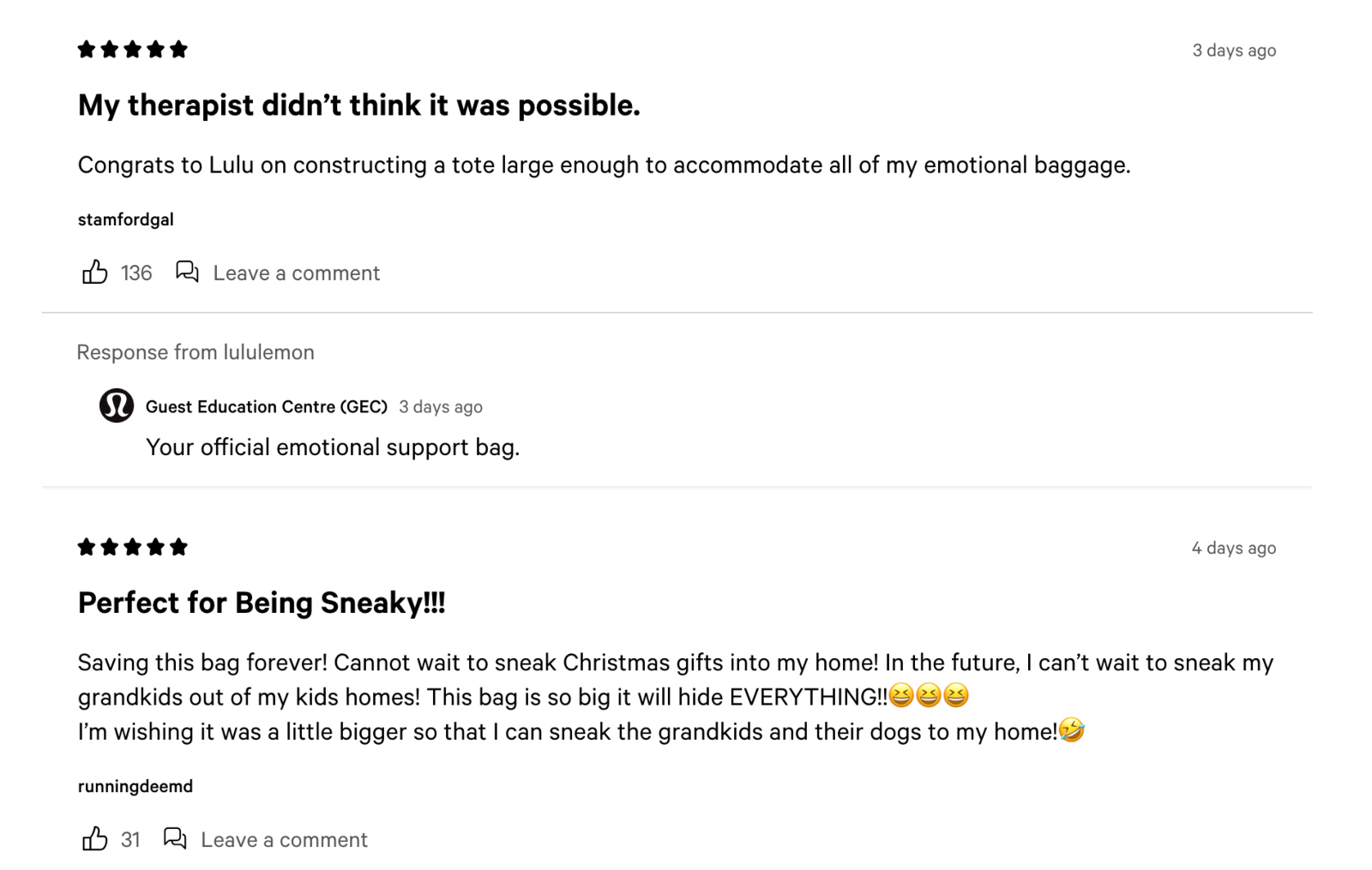 hilarious reviews of the new lululemon 80L bag that has gone viral