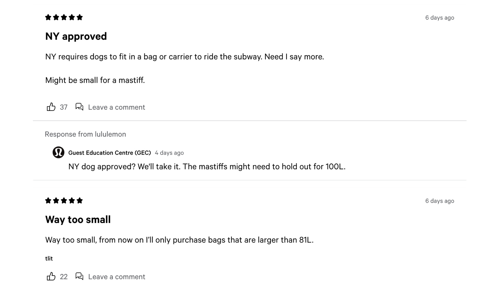 hilarious reviews of the new lululemon 80L bag that has gone viral