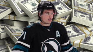 San Jose Sharks star Macklin Celebrini over stacks of hundred-dollar bills