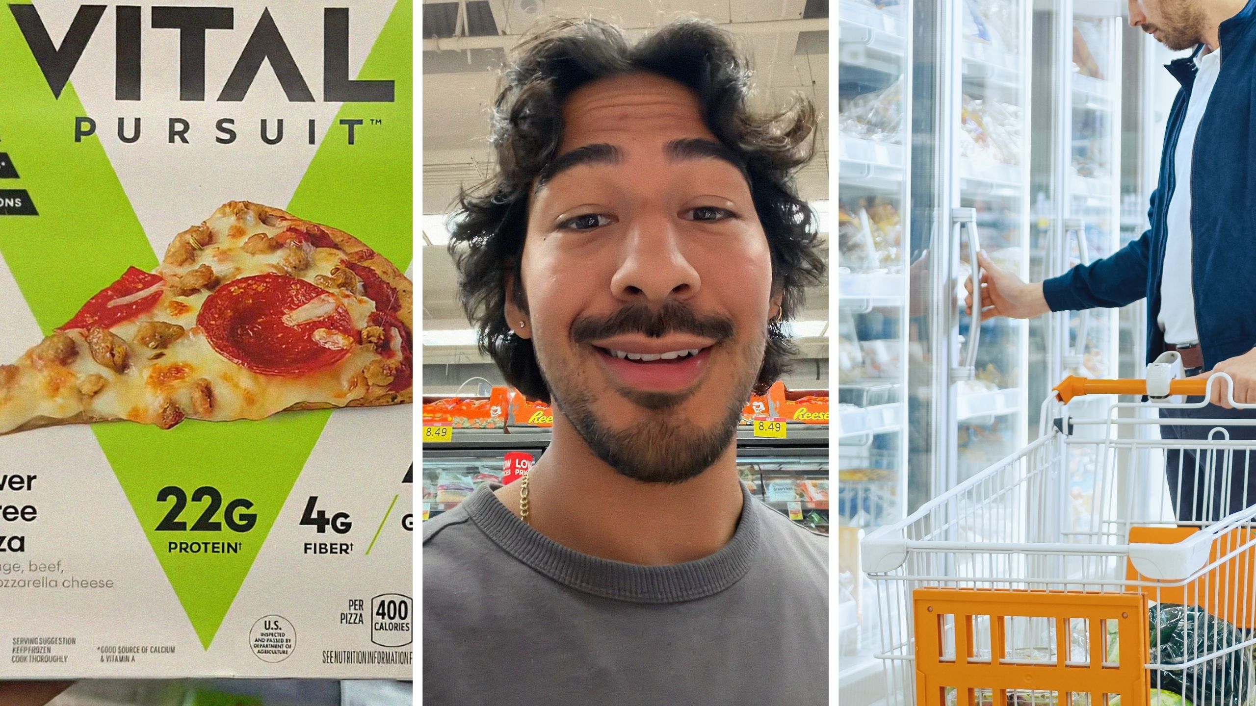 Frozen pizza slice (l) man shares store encounter (c) man goes to frozen section of the grocery store (r)
