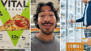 Frozen pizza slice (l) man shares store encounter (c) man goes to frozen section of the grocery store (r)