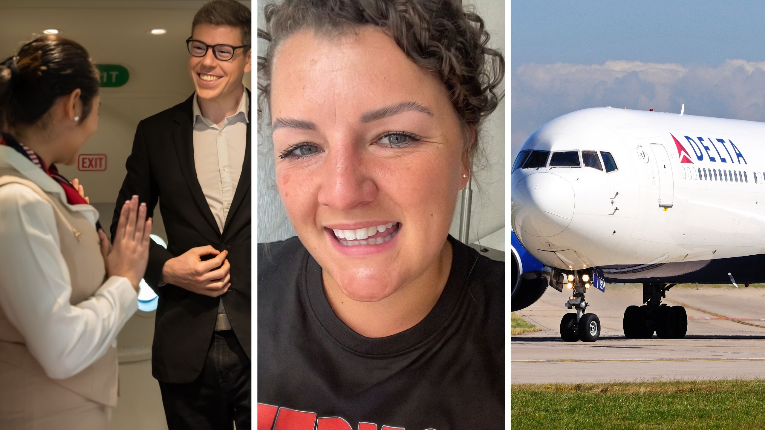 man makes request to flight attendant (l) flight attendant shares job experiences (c) Delta airlines (r)