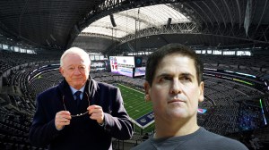 composite image of Jerry Jones, Mark Cuban, and the Dallas Cowboys' AT&T Stadium in Texas