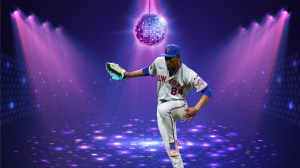 New York Mets reliever Jefry Yan dancing in front of a disco ball