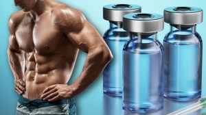 Muscular man next to steroid vials and needle