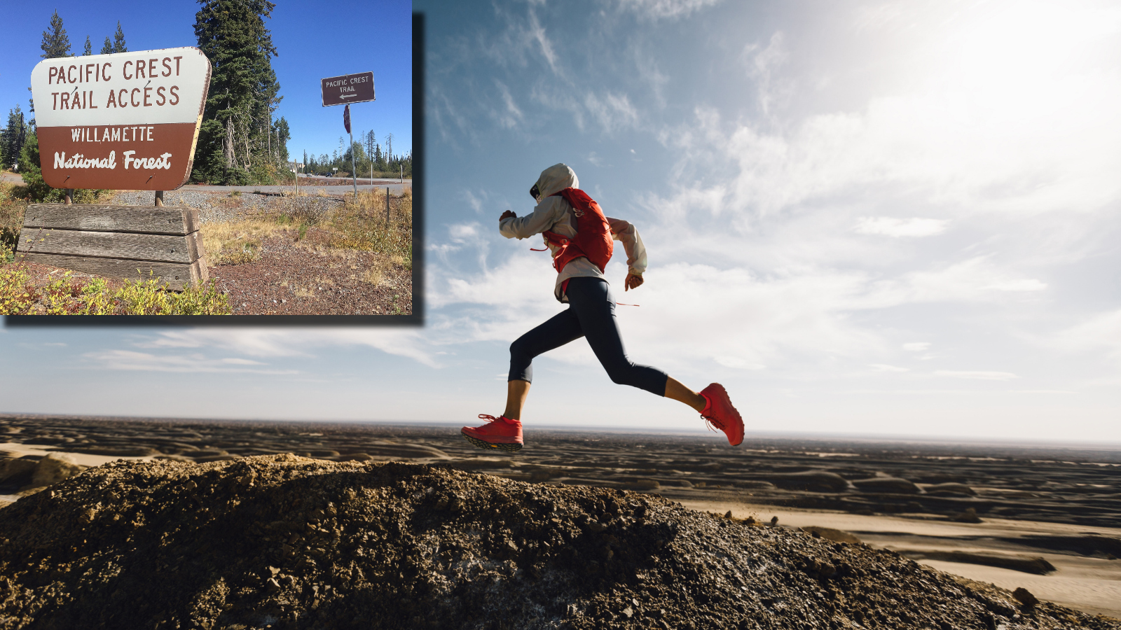 Trail runner next to Pacific Crest Trail sign