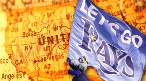 Tampa Bay Rays mascot with flag on map of United States