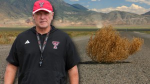 Texas Tech coach Joey McGuire next to a tumbleweed