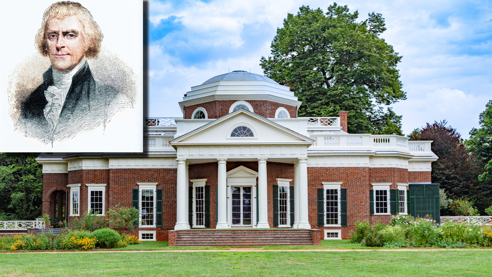 Portrait of President and revolutionary Thomas Jefferson in front of his Monticello estate in Charlottesville, Virginia