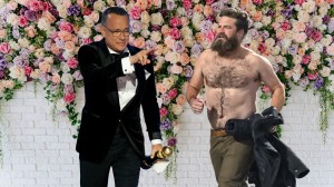 Actor Tom Hanks and NFL star Ryan Fitzpatrick in front of a wedding backdrop