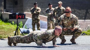 Staff Sgt. Philip Slick performs pushups under pressure during the 101st Air Refueling Wing Security Forces Squadron Best Defender Competition in Bangor, Maine, July 27, 2026. The competition tested security forces Airmen's proficiency in land navigation, marksmanship, tactical fitness, doctrine knowledge and endurance