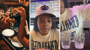 group taking shots (l) woman shares what it means to ‘split shots’ (c) Bartender pouring shots (r)