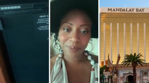 hotel mini fridge (l) woman shares hotel review (c) Mandalay Bay hotel (r)